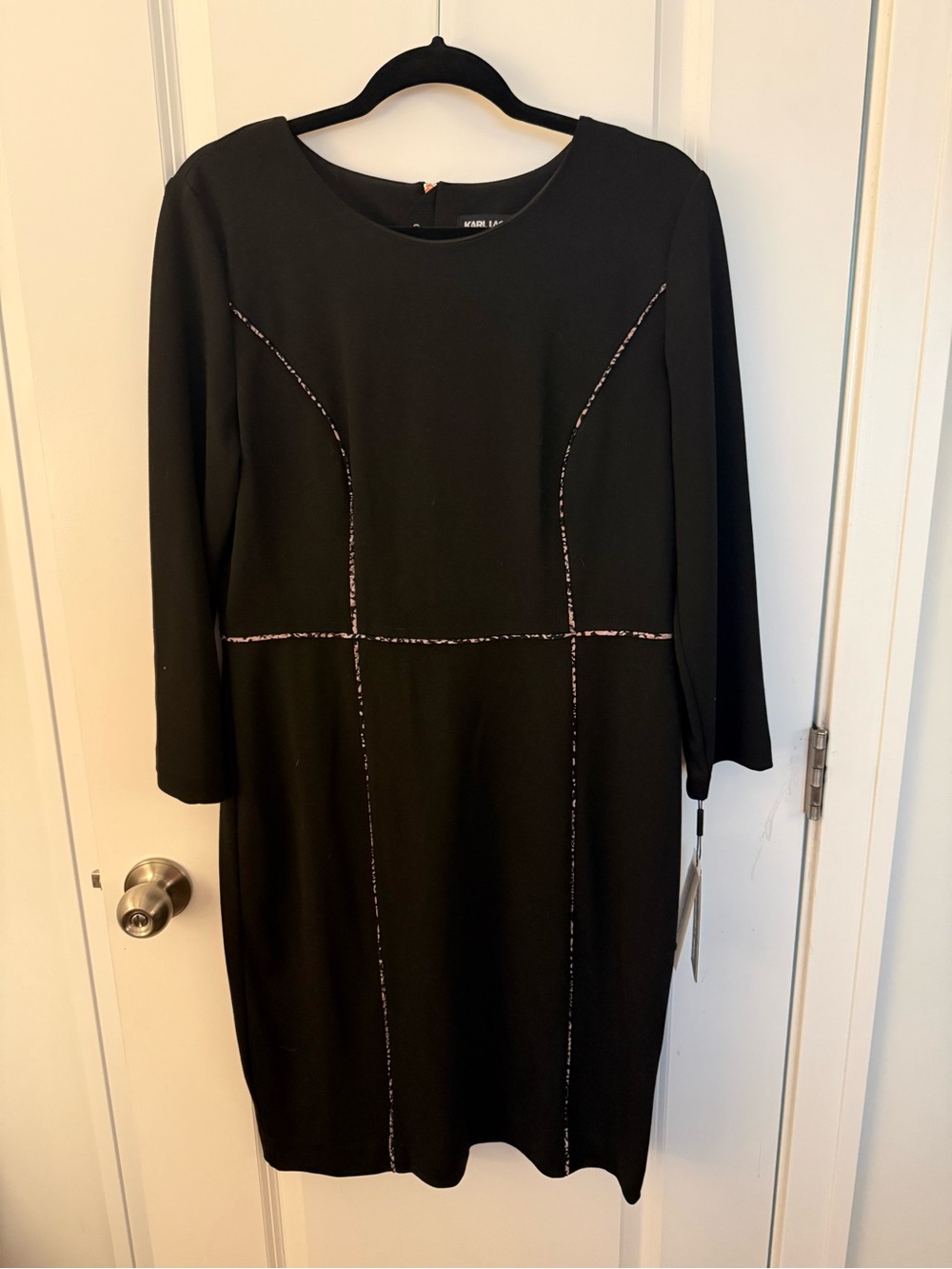 Karl Lagerfeld Black Long-Sleeve Sheath Dress with Animal Print Piping